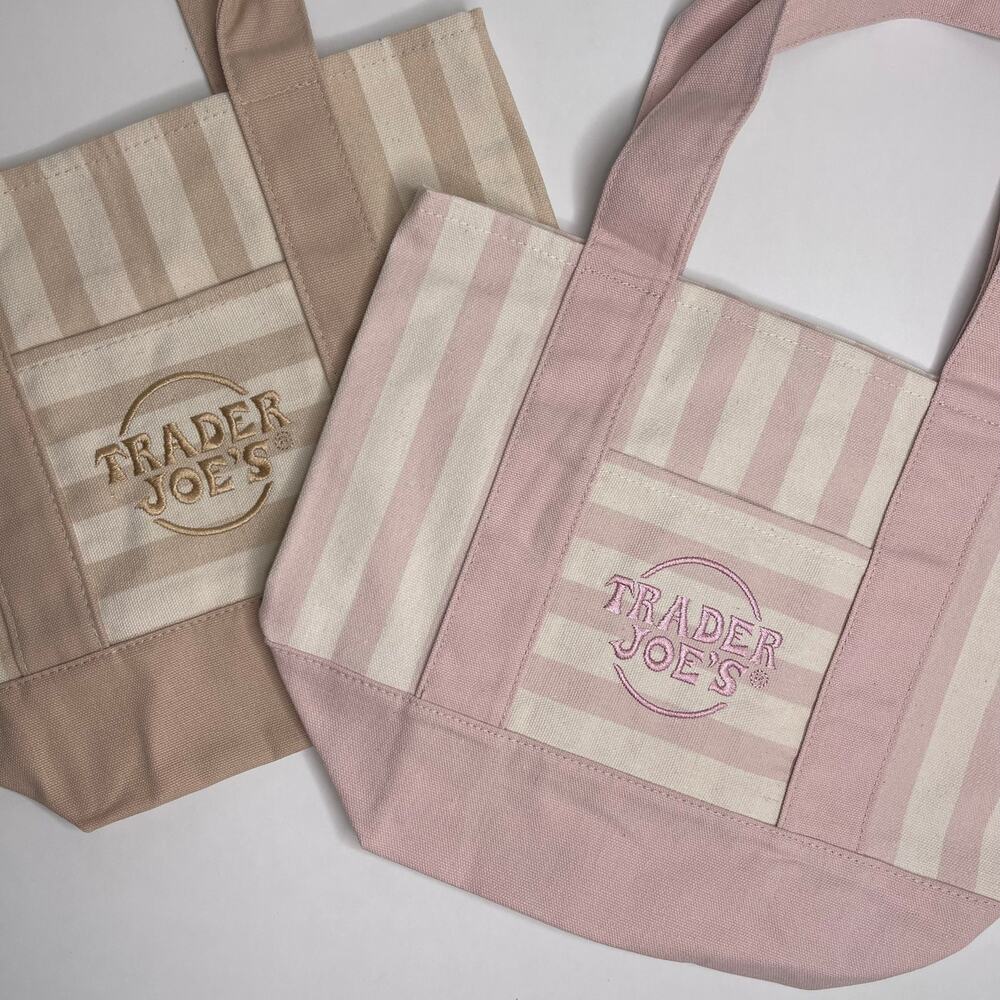 Set of 2 — Trader Joe’s Canvas MINI Tote Bag PASTEL STRIPE KHAKI TAN + BABY PINK